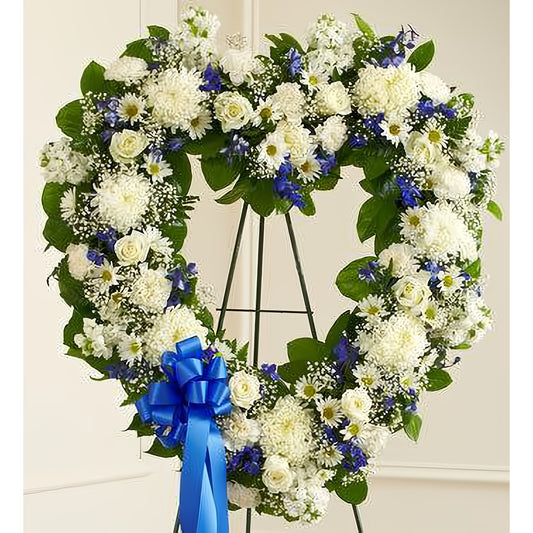 Always Remember Blue & White Floral Heart Tribute - Funeral > Hearts - Queens Flower Delivery