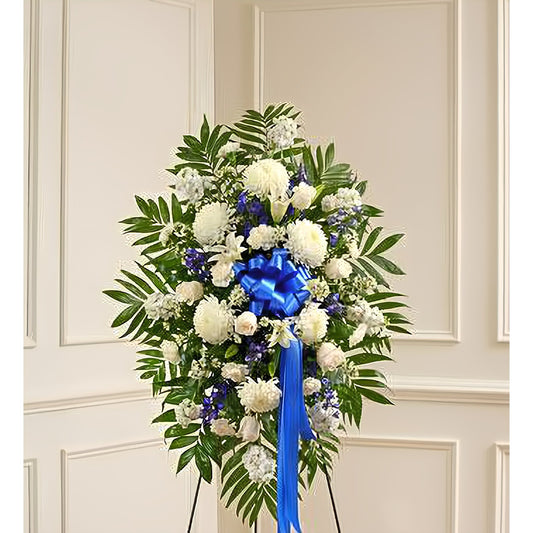 Deepest Sympathies Blue & White Standing Spray - Funeral > Standing Sprays - Queens Flower Delivery