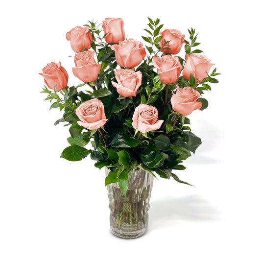 Fresh Roses in a Crystal Vase | Dozen Peach - Fresh Cut Flowers - Queens Flower Delivery