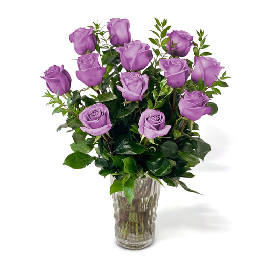 Fresh Roses in a Crystal Vase | Dozen Purple - Fresh Cut Flowers - Queens Flower Delivery