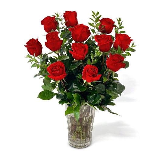Fresh Roses in a Crystal Vase | Dozen Red - Fresh Cut Flowers - Queens Flower Delivery