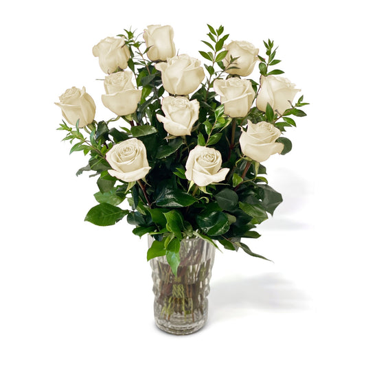 Fresh Roses in a Crystal Vase | Dozen White - Fresh Cut Flowers - Queens Flower Delivery