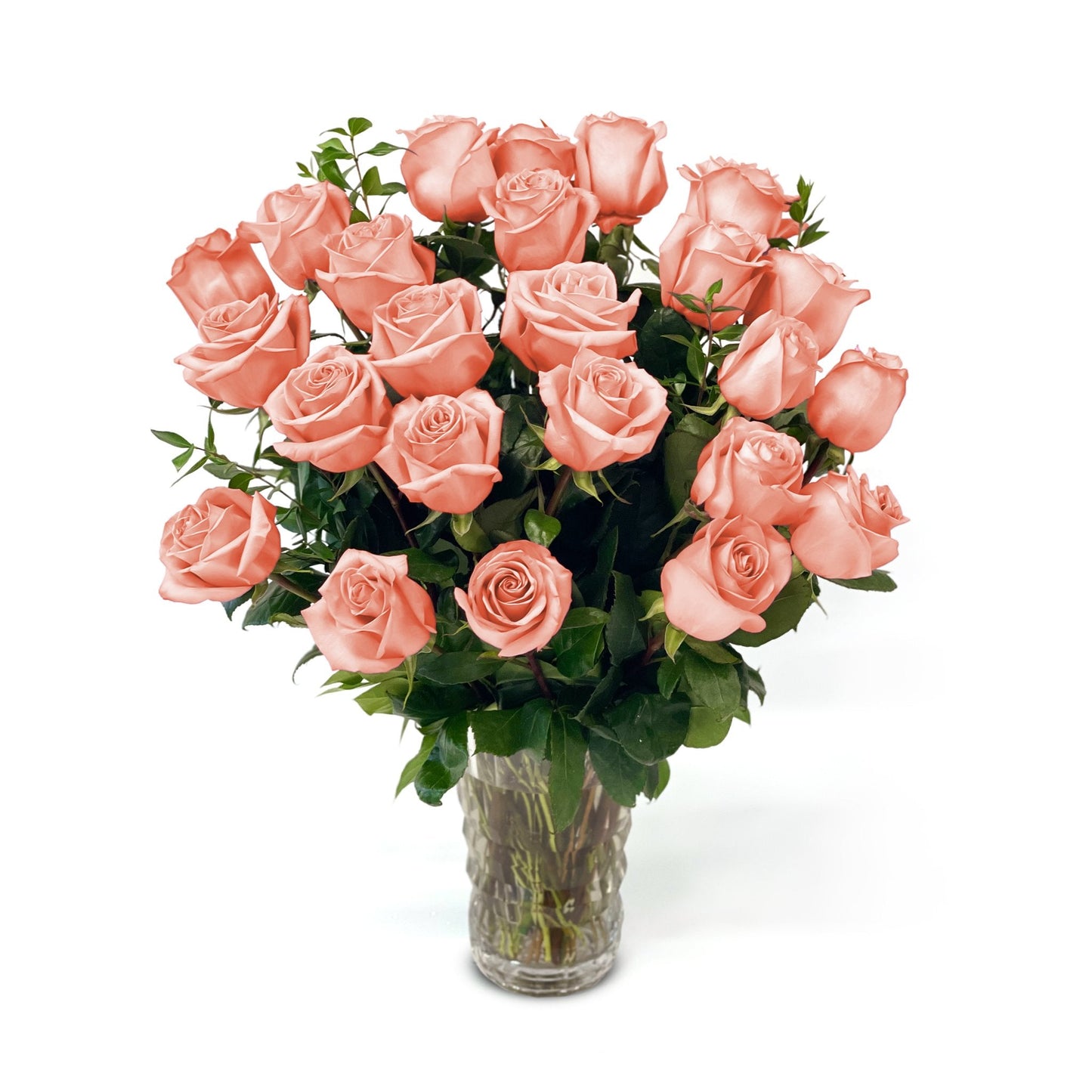 Fresh Roses in a Crystal Vase | Peach - Fresh Cut Flowers - Queens Flower Delivery