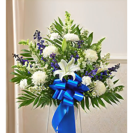 Heartfelt Sympathies Blue & White Standing Basket - Funeral > Baskets - Queens Flower Delivery