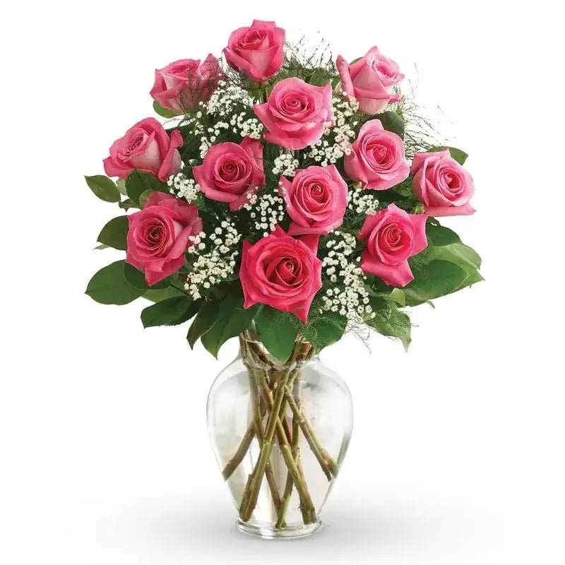 Premium Long Stem - Dozen Hot Pink Roses - Fresh Cut Flowers - Queens Flower Delivery