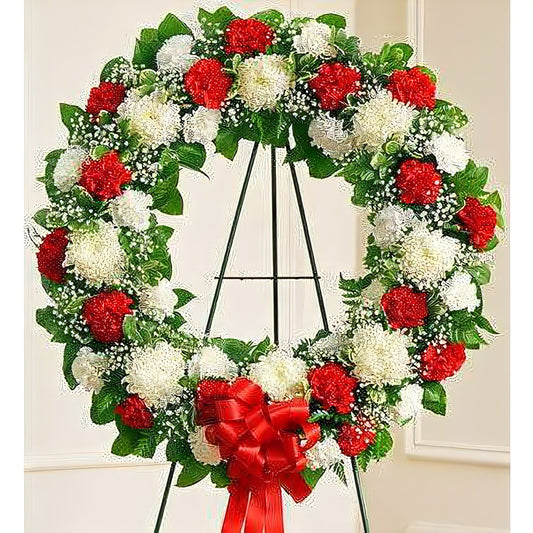 Serene Blessings Red & White Standing Wreath - Funeral > Wreaths - Queens Flower Delivery