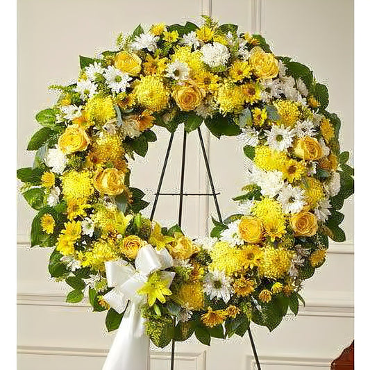 Serene Blessings Yellow Standing Wreath - Funeral > Wreaths - Queens Flower Delivery