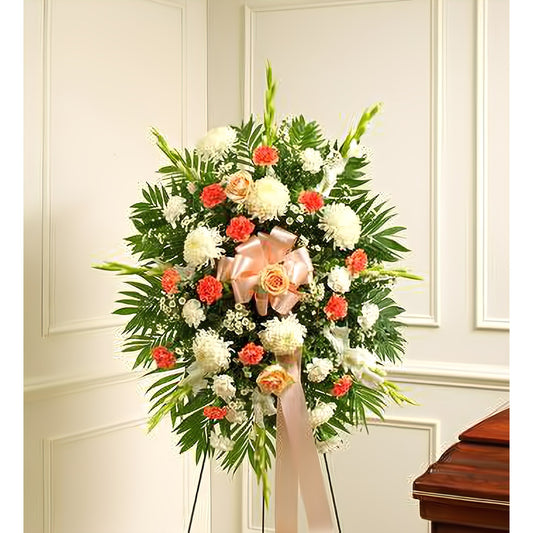 Sympathy Standing Spray-Peach/Orange/White - Funeral > Standing Sprays - Queens Flower Delivery