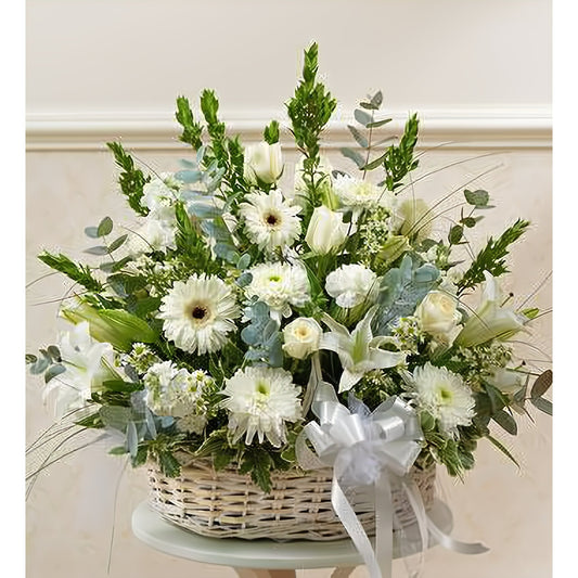 White Sympathy Arrangement in Basket - Funeral > For the Service - Queens Flower Delivery
