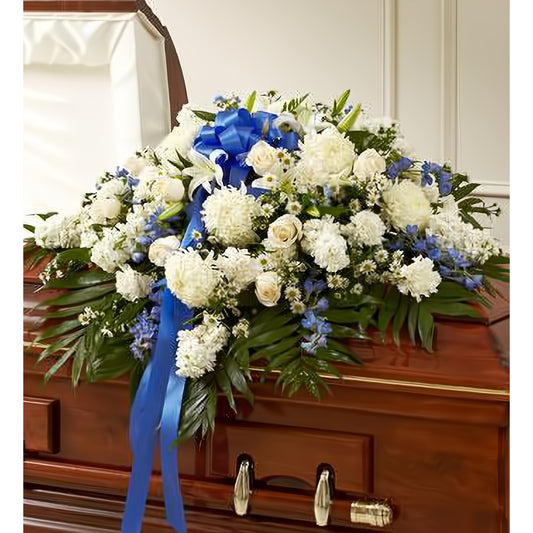 Blue & White Cherished Rose Half Casket Cover - Funeral > Casket Sprays - Queens Flower Delivery