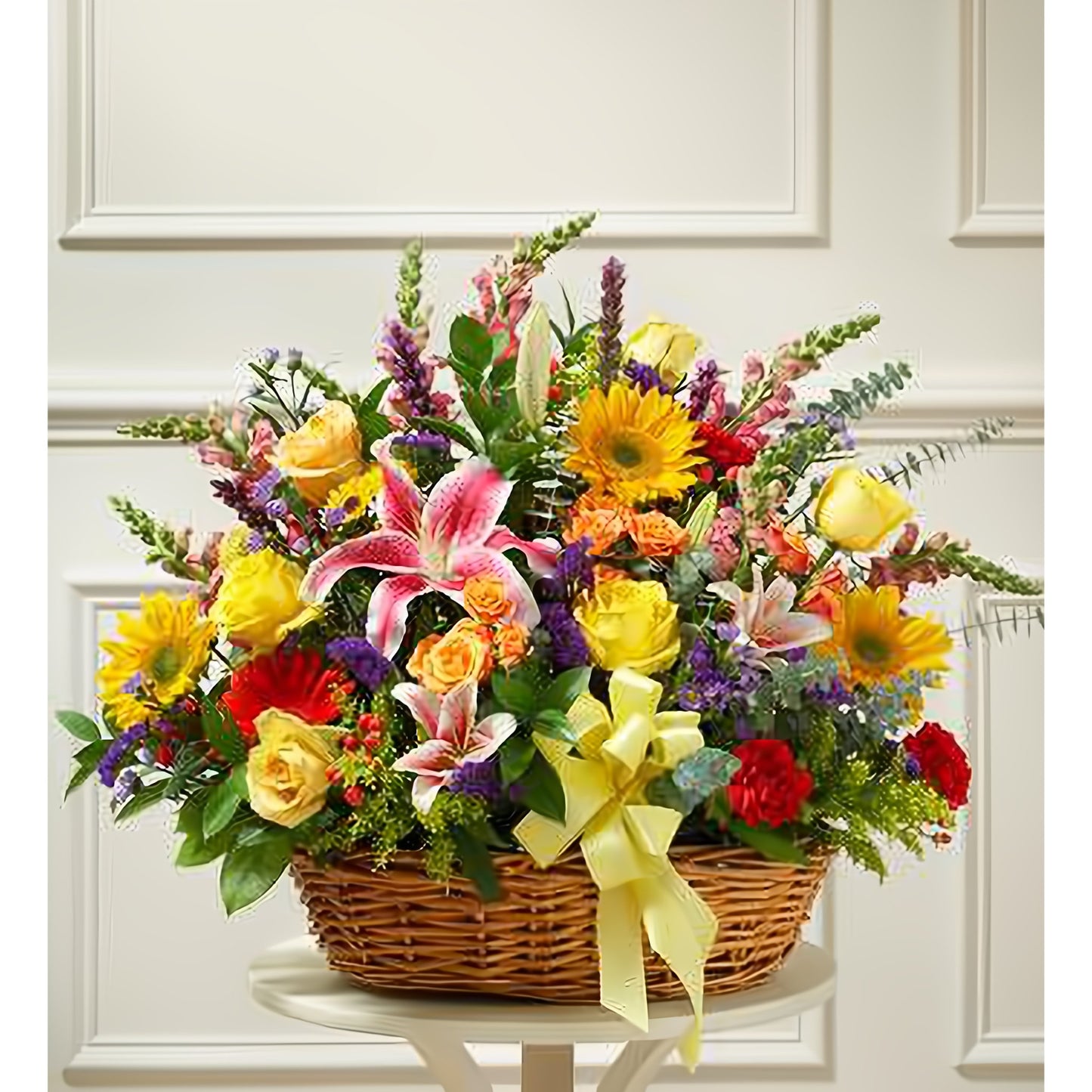 Bright Flower Sympathy Arrangement in Basket - Funeral > For the Service - Queens Flower Delivery