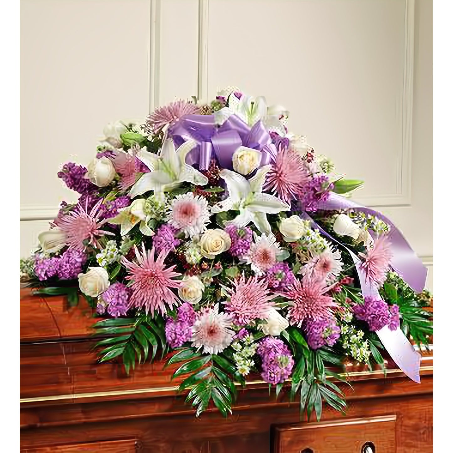 Cherished Memories Lavender Half Casket Cover - Funeral > Casket Sprays - Queens Flower Delivery