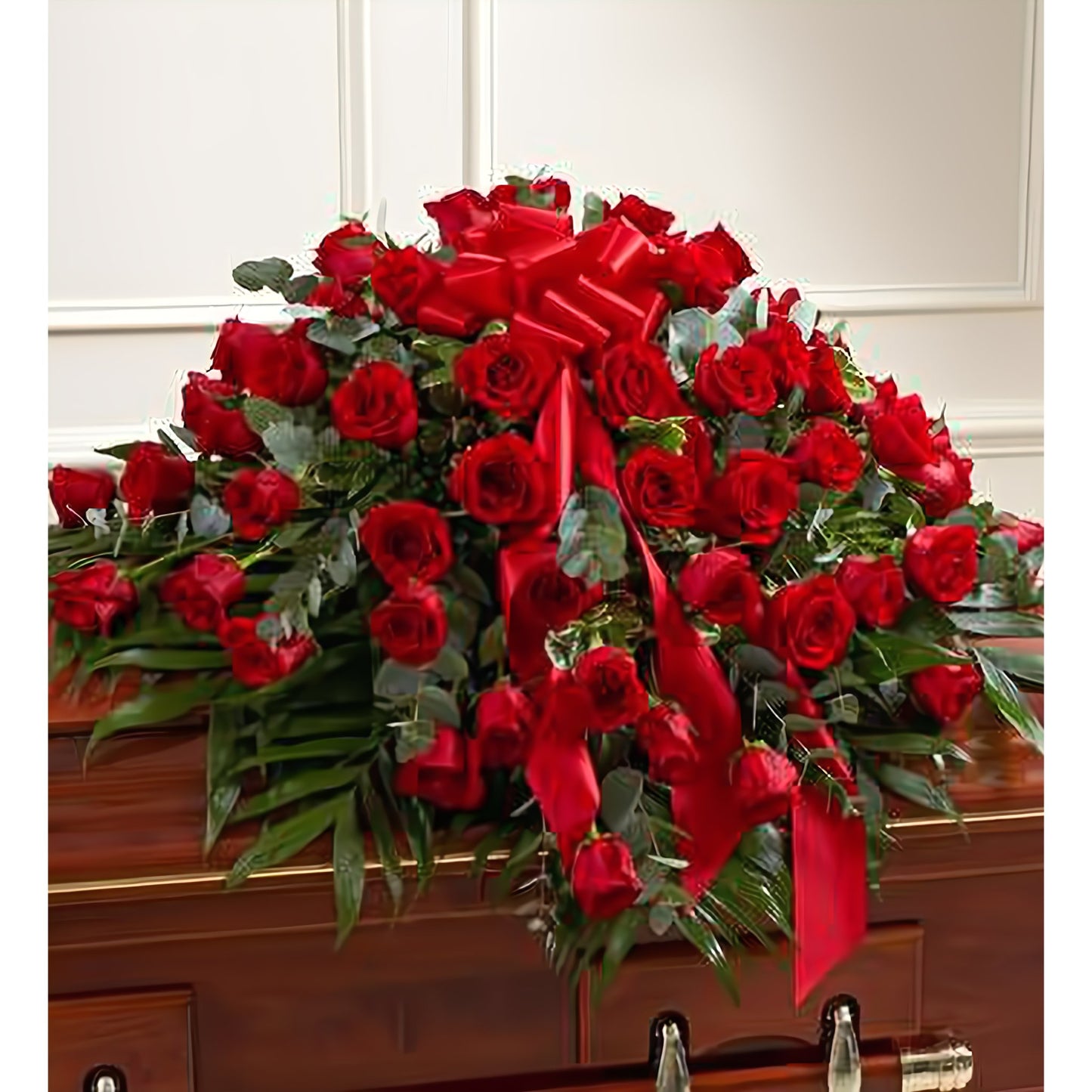 Cherished Memories Red Rose Half Casket Cover - Funeral > Casket Sprays - Queens Flower Delivery
