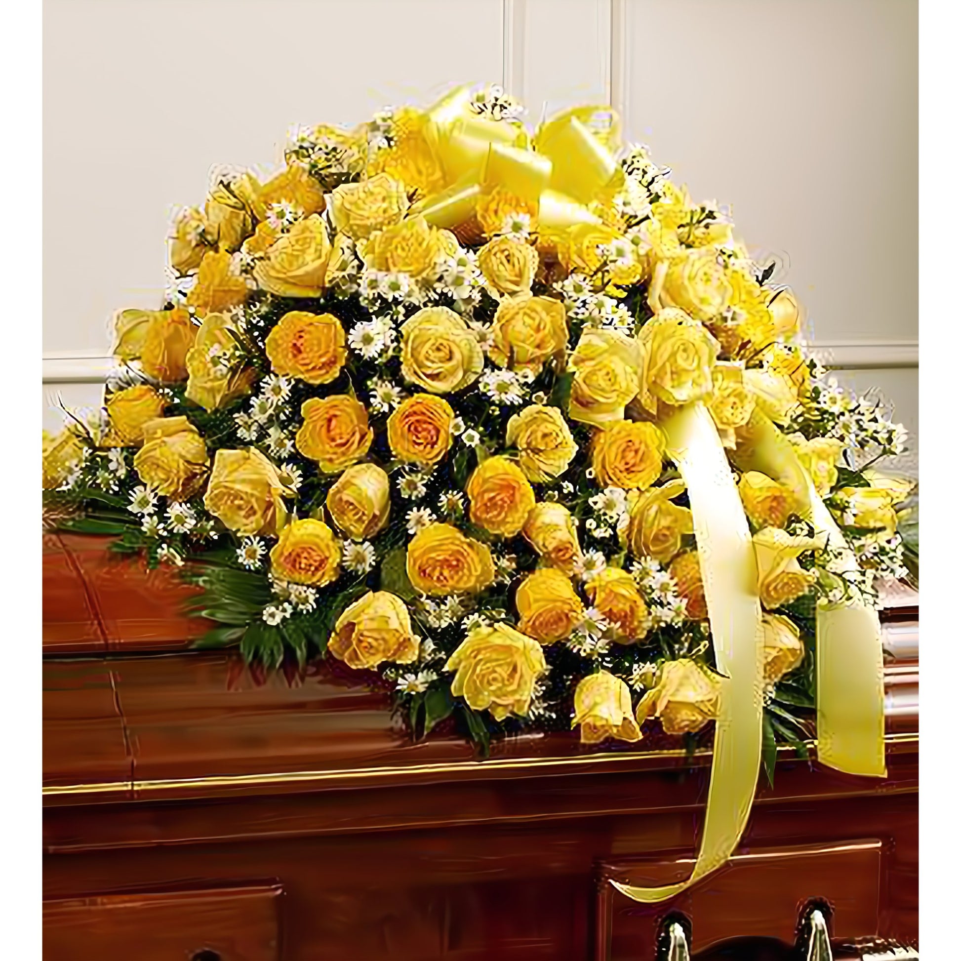 Cherished Memories Rose Half Casket Cover - Yellow - Funeral > Casket Sprays - Queens Flower Delivery