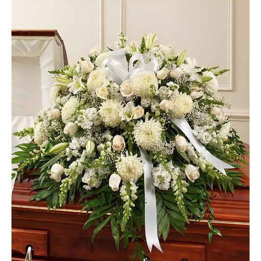 Cherished Memories White Half Casket Cover - Funeral > Casket Sprays - Queens Flower Delivery