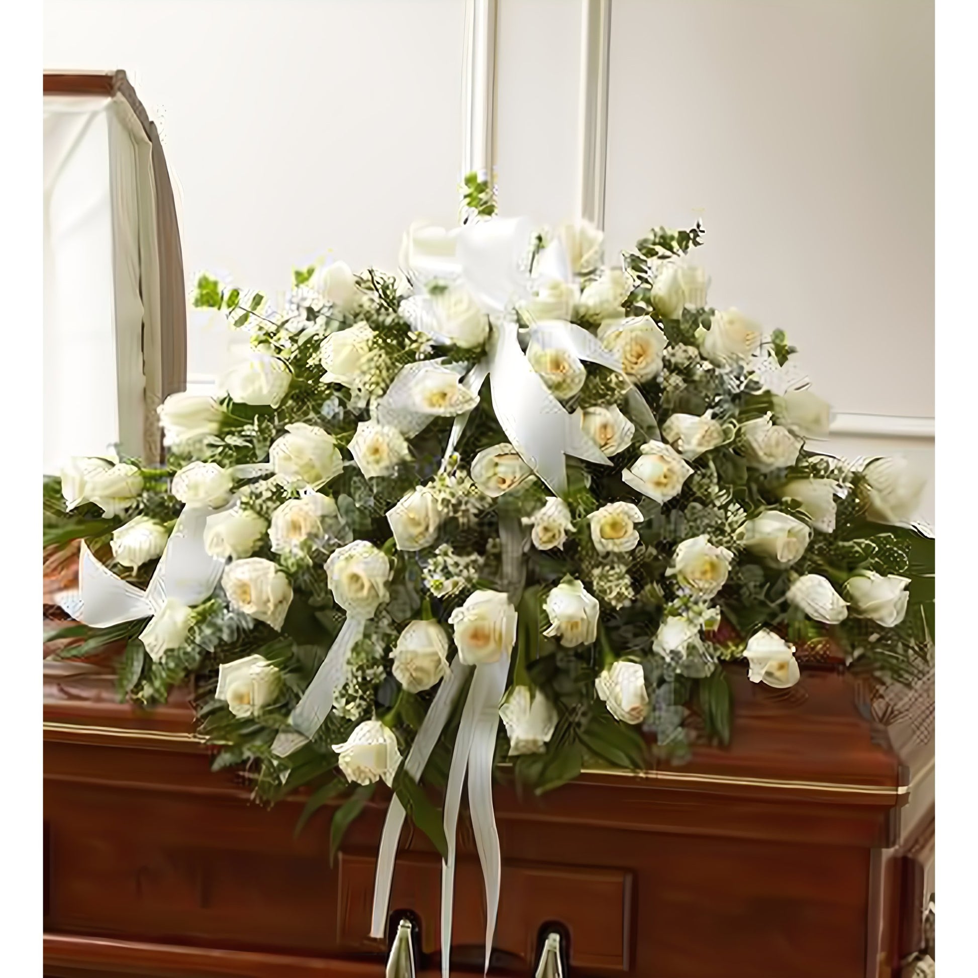 Cherished Memories White Rose Half Casket Cover - Funeral > Casket Sprays - Queens Flower Delivery