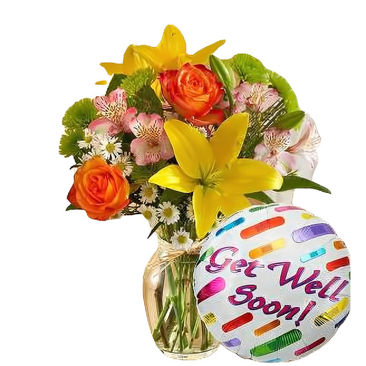 Fields of the World w/ Get Well Balloon - Floral Arrangement - Queens Flower Delivery