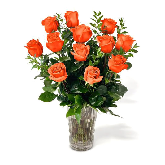 Fresh Roses in a Crystal Vase | Dozen Orange - Fresh Cut Flowers - Queens Flower Delivery