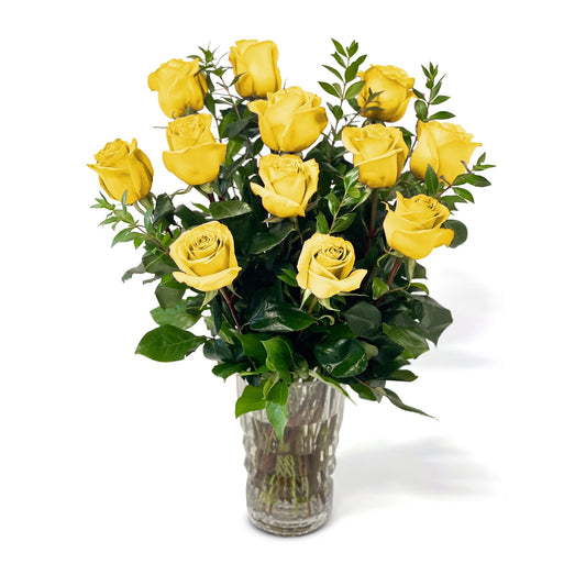 Fresh Roses in a Crystal Vase | Dozen Yellow - Fresh Cut Flowers - Queens Flower Delivery