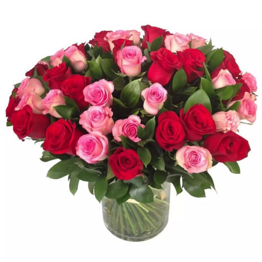 Fresh Roses in a Vase | 100 Red & Pink Roses - Valentine's Day - Queens Flower Delivery