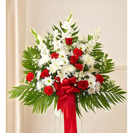 Heartfelt Sympathies Red & White Standing Basket - Funeral > For the Service - Queens Flower Delivery