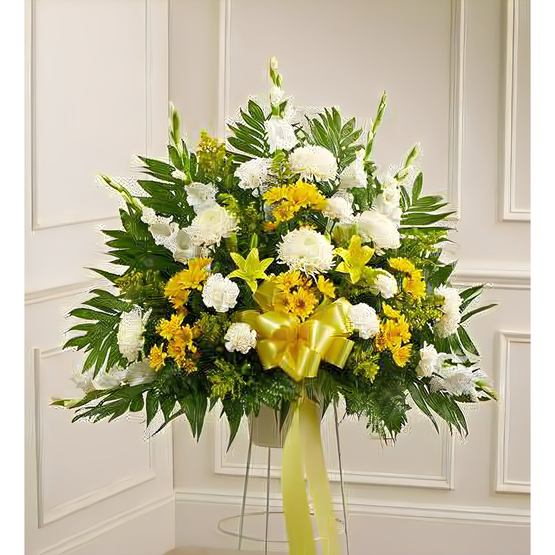 Heartfelt Sympathies Yellow Standing Basket - Funeral > For the Service - Queens Flower Delivery