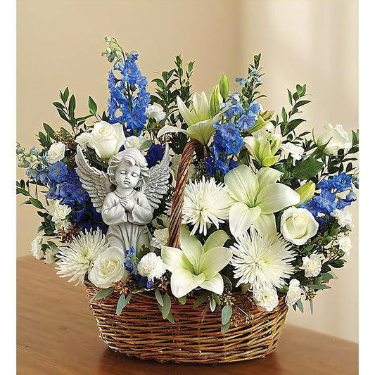 Heavenly Angel & Blue and White Basket - Funeral > Baskets - Queens Flower Delivery