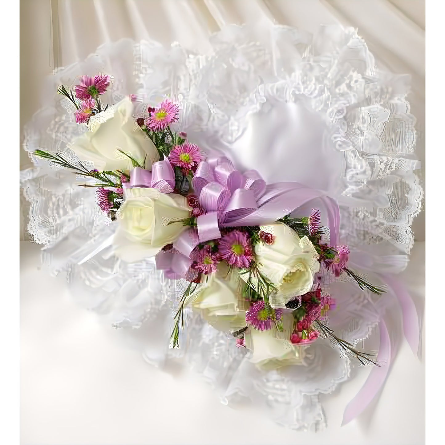 Lavender and White Satin Heart Casket Pillow - Funeral > Casket Sprays - Queens Flower Delivery
