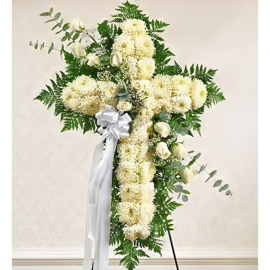 Peace and Prayers Standing Cross - White - Funeral > Crosses - Queens Flower Delivery