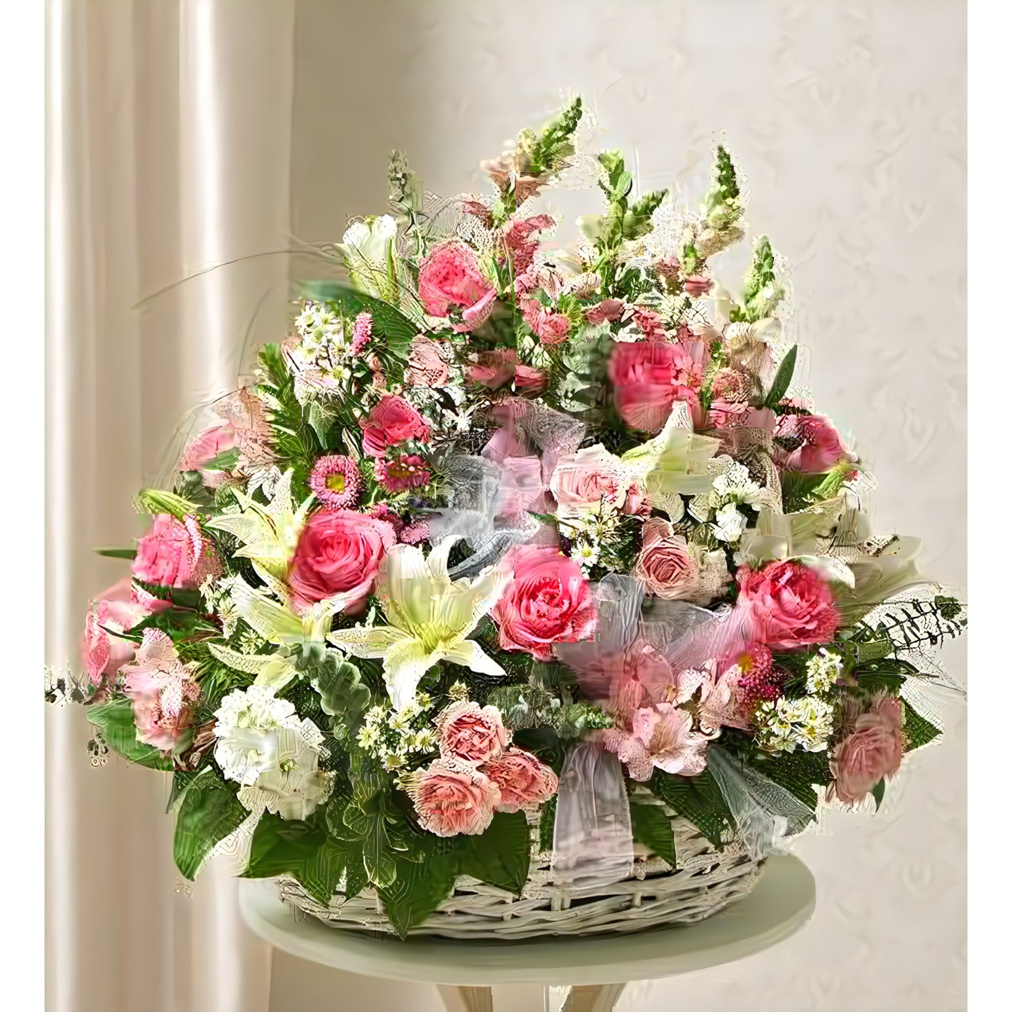 Pink and White Sympathy Arrangement in Basket - Funeral > For the Service - Queens Flower Delivery