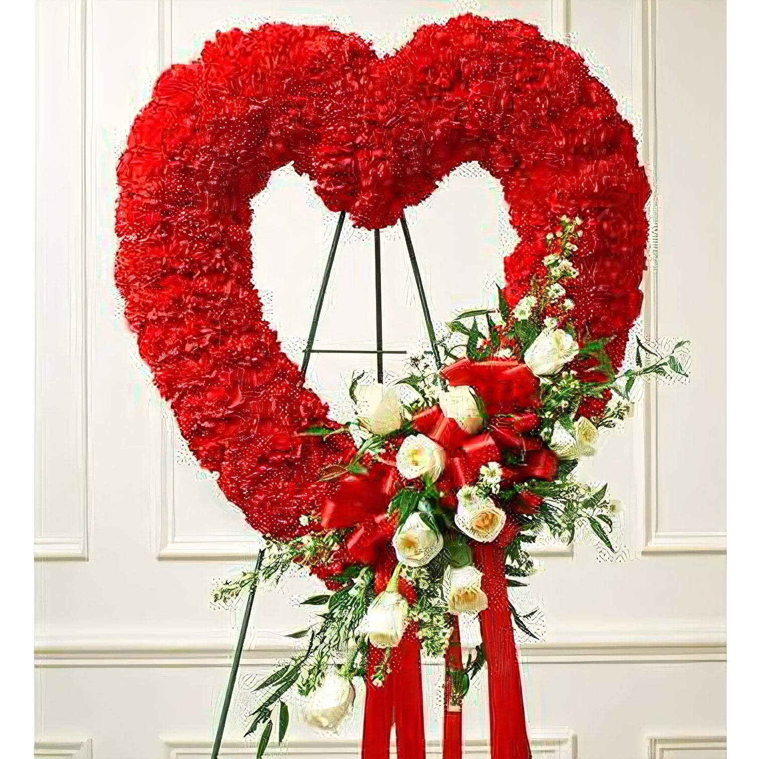 Red and White Open Heart with White Roses - Funeral > Hearts - Queens Flower Delivery