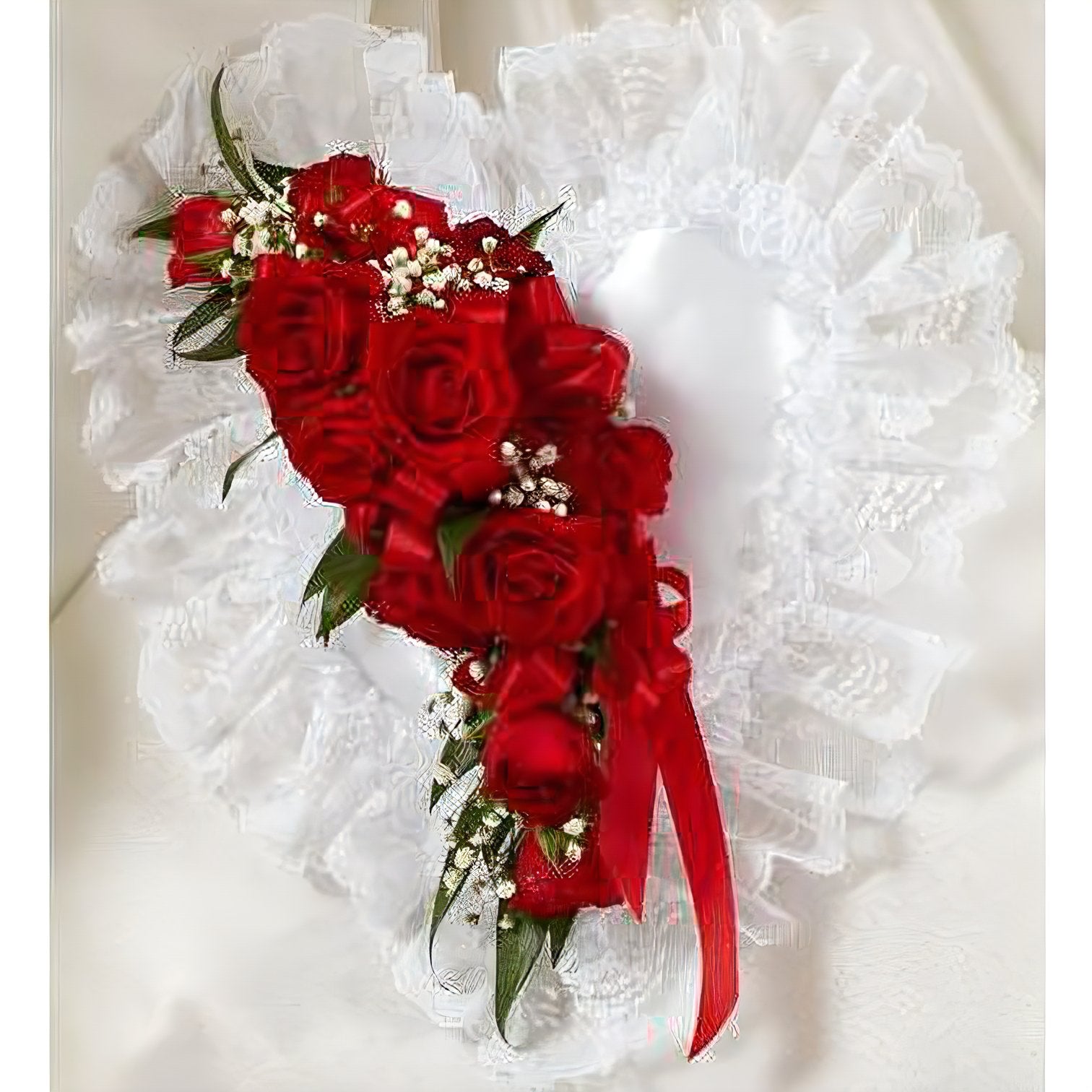 Red and White Satin Heart Casket Pillow - Funeral > Casket Sprays - Queens Flower Delivery