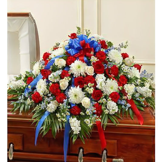 Red, White & Blue Cherished Rose Half Casket Cover - Funeral > Casket Sprays - Queens Flower Delivery
