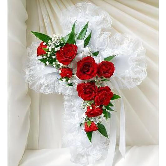 Red & White Satin Heart Casket Pillow - Funeral > Casket Sprays - Queens Flower Delivery