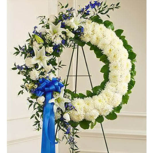 Serene Blessings Blue & White Standing Wreath - Funeral > Wreaths - Queens Flower Delivery