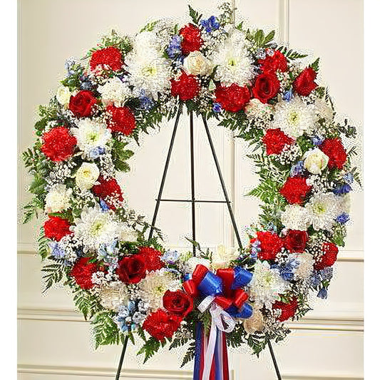 Serene Blessings Red, White & Blue Standing Wreath - Funeral > Wreaths - Queens Flower Delivery