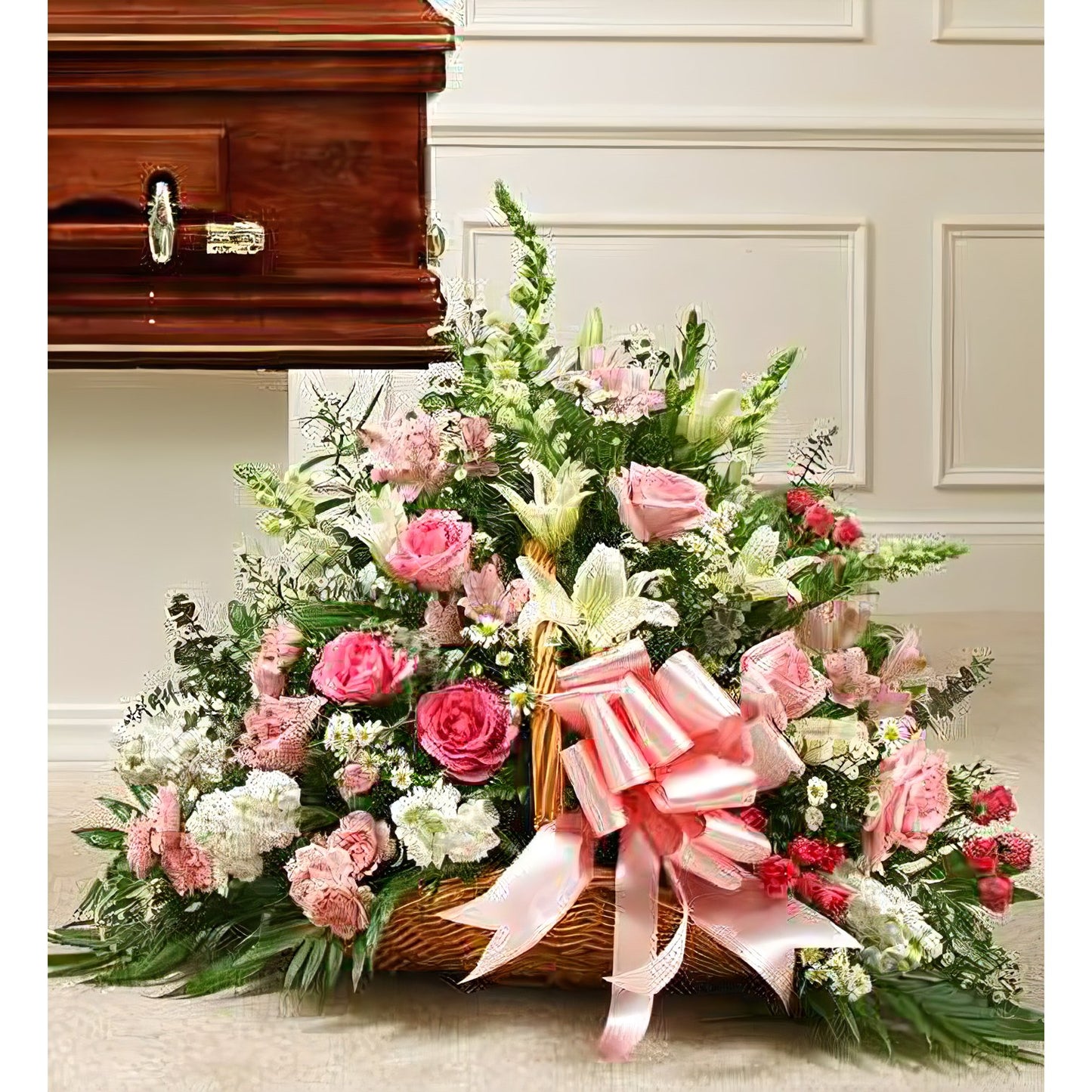 Sincerest Sympathies Fireside Basket-Pink &amp; White - Funeral > For the Service - Queens Flower Delivery