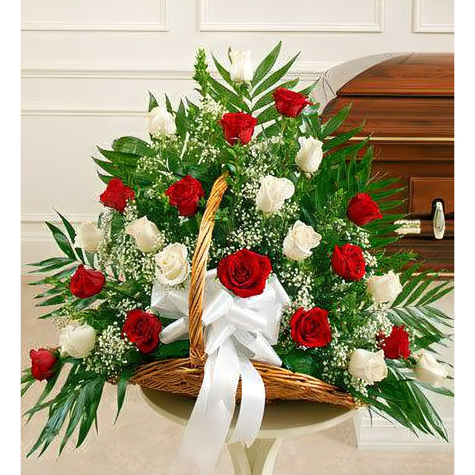 Sincerest Sympathies Fireside Basket-Red &amp; White - Funeral > For the Service - Queens Flower Delivery