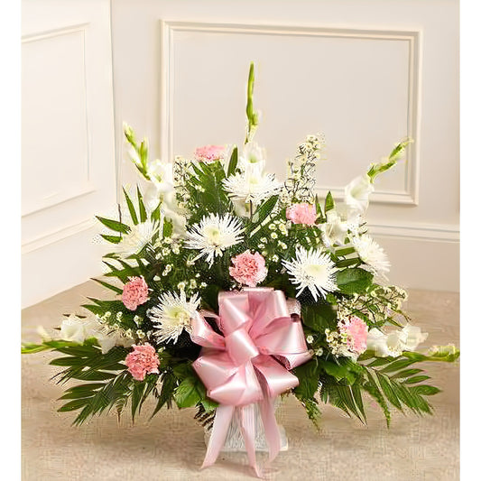 Tribute Pink & White Floor Basket Arrangement - Funeral > For the Service - Queens Flower Delivery
