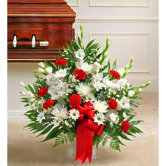 Tribute Red & White Floor Basket Arrangement - Funeral > For the Service - Queens Flower Delivery