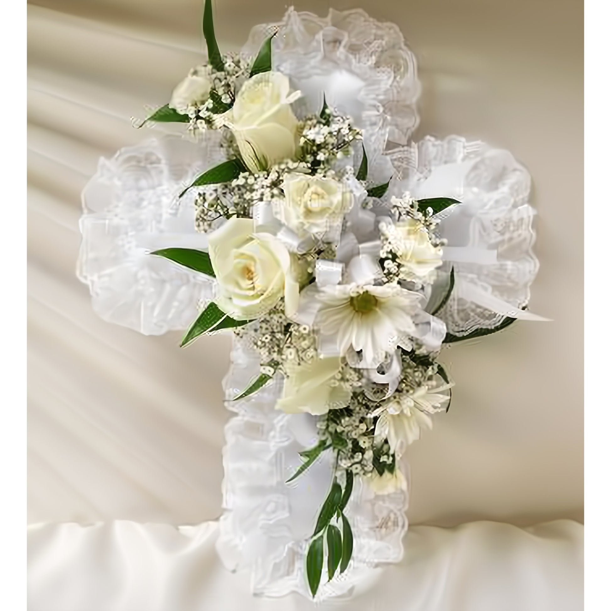 White Satin Cross Casket Pillow - Funeral > Casket Sprays - Queens Flower Delivery