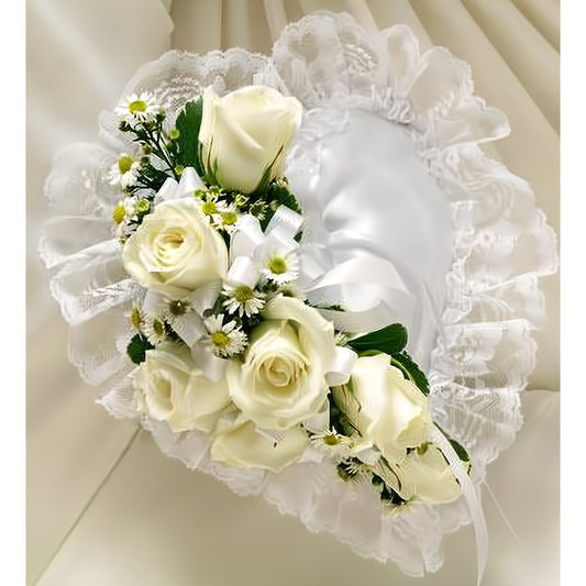White Satin Heart Casket Pillow - Funeral > Casket Sprays - Queens Flower Delivery