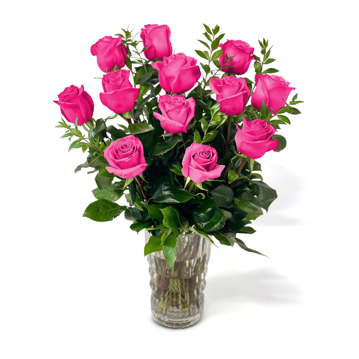 Queens Flower Delivery - Fresh Roses in a Crystal Vase | Hot Pink - 1 Dozen