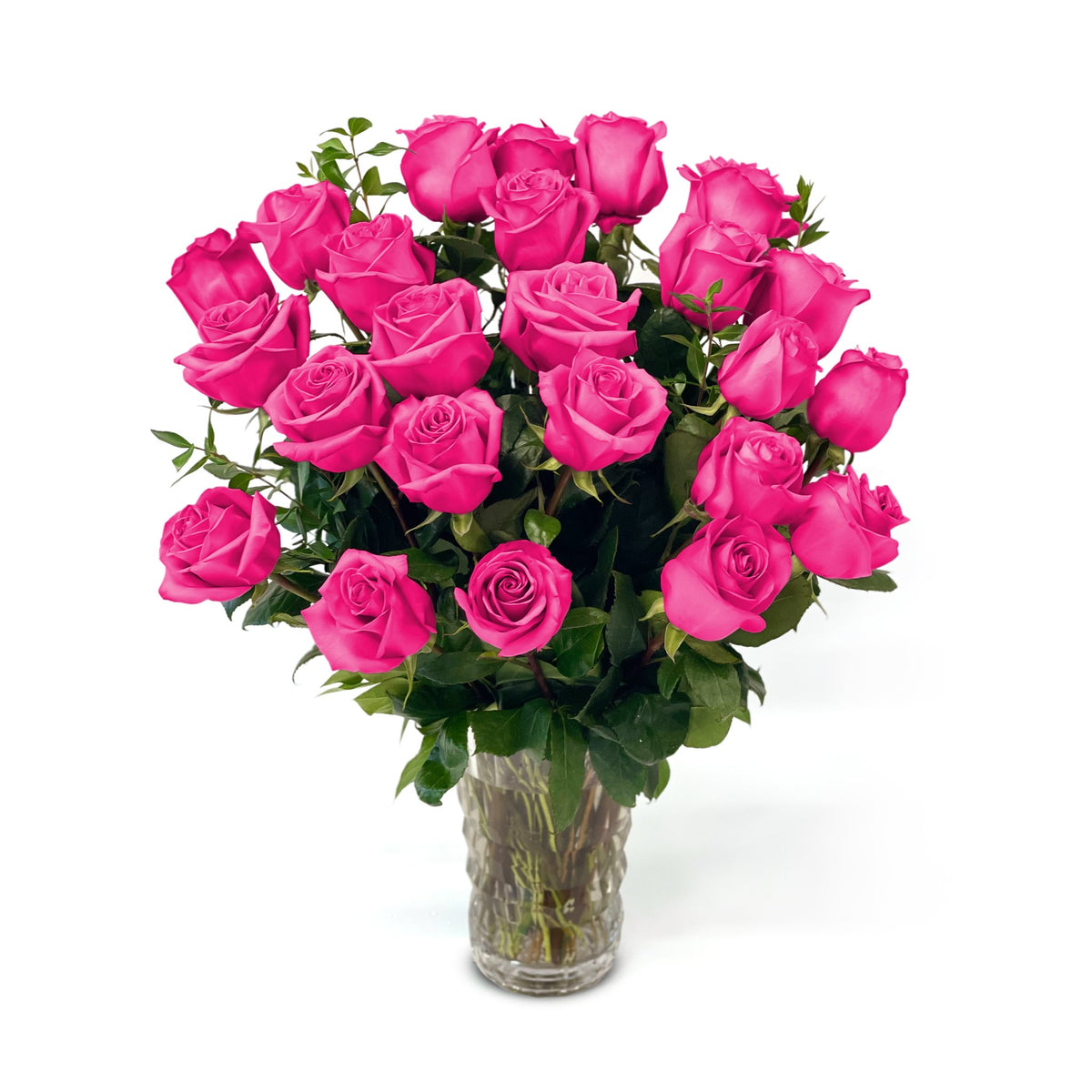 Queens Flower Delivery - Fresh Roses in a Crystal Vase | Hot Pink - 2 Dozen
