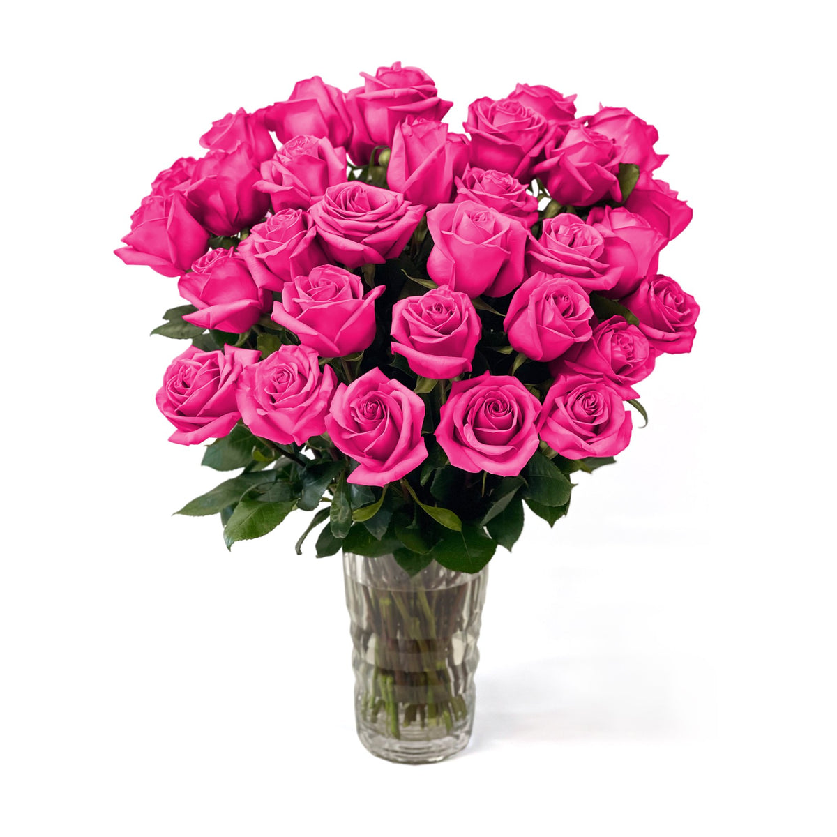 Queens Flower Delivery - Fresh Roses in a Crystal Vase | Hot Pink