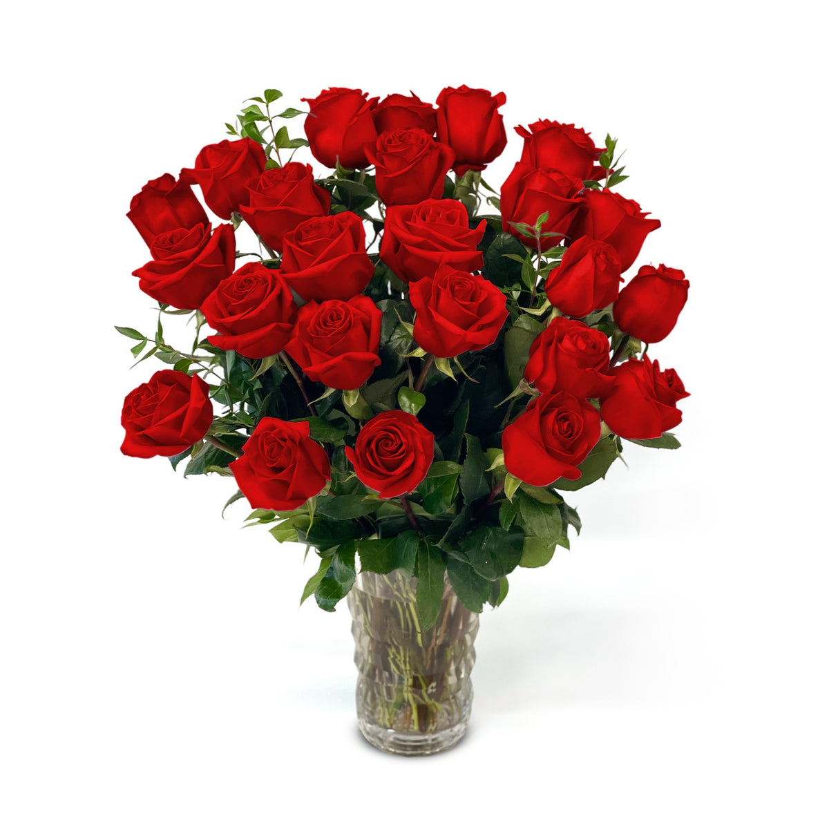 Queens Flower Delivery - Fresh Roses in a Crystal Vase | Red - 2 Dozen